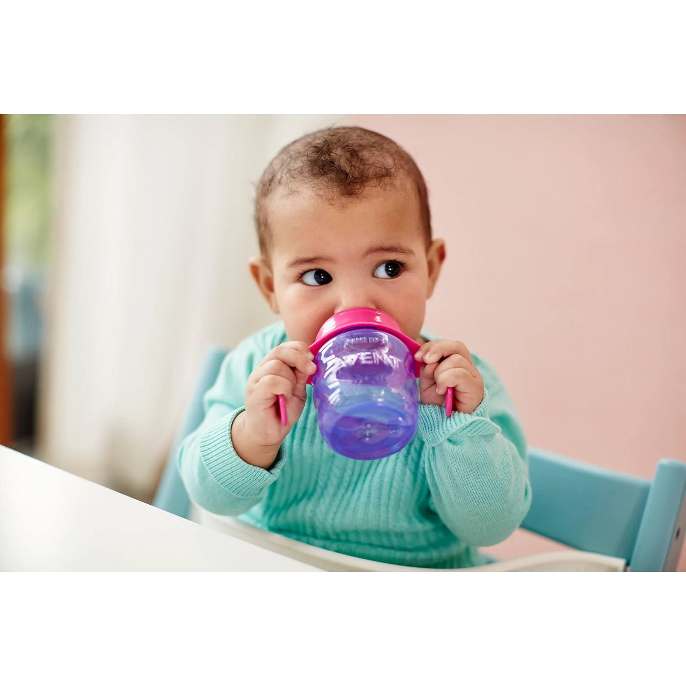 Avent Baby Trainer Sippy Cup with Soft Silicone Spout and Easy Grip Handles - Purple Pink