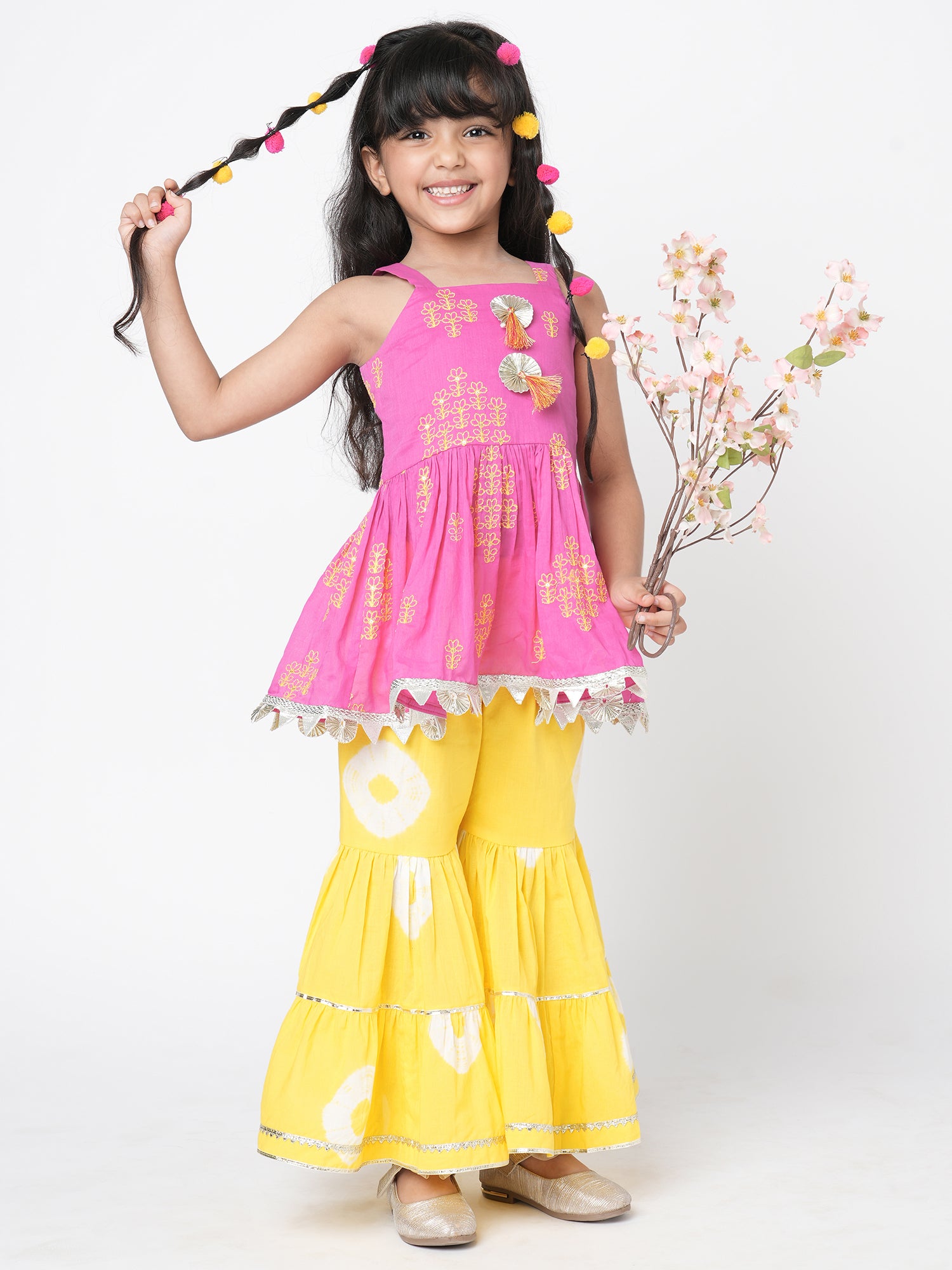 Lil Drama Girls Embroidered Sleeveless Top With Tiered Sharara Pants Set, Pink And Yellow