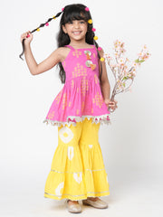 Lil Drama Girls Embroidered Sleeveless Top With Tiered Sharara Pants Set, Pink And Yellow