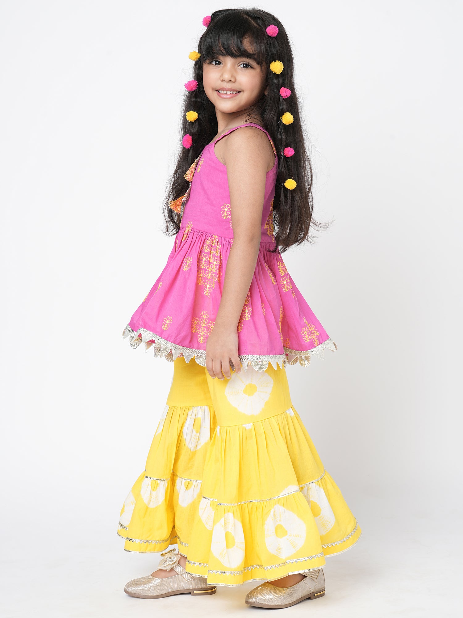 Lil Drama Girls Embroidered Sleeveless Top With Tiered Sharara Pants Set, Pink And Yellow