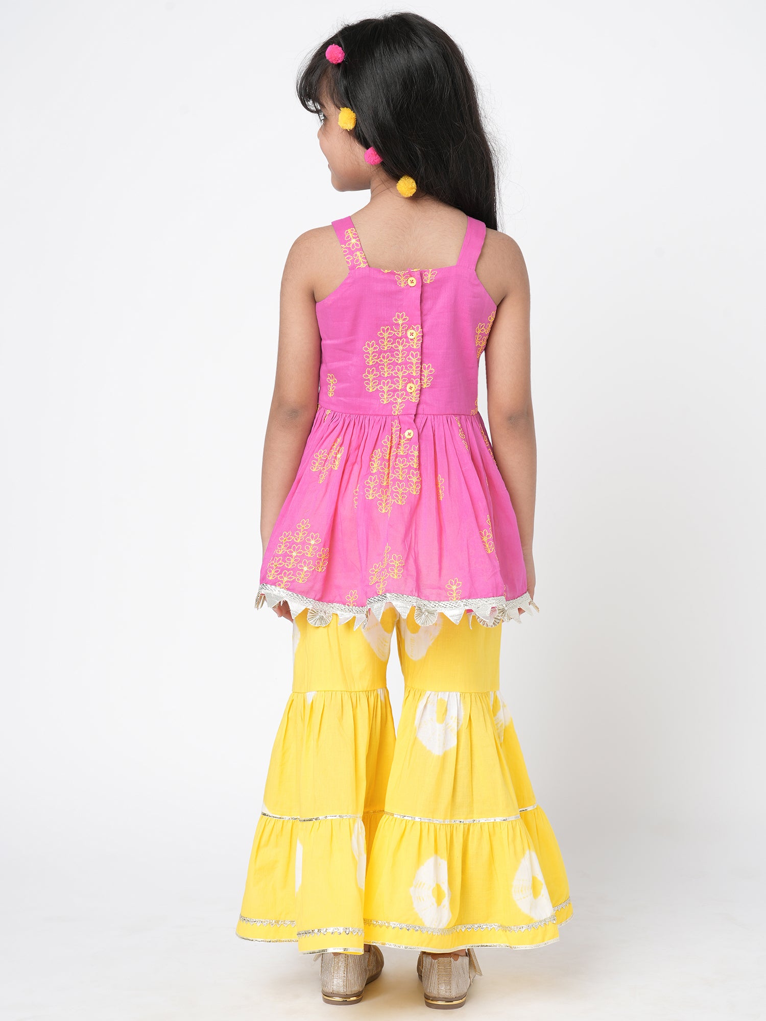 Lil Drama Girls Embroidered Sleeveless Top With Tiered Sharara Pants Set, Pink And Yellow