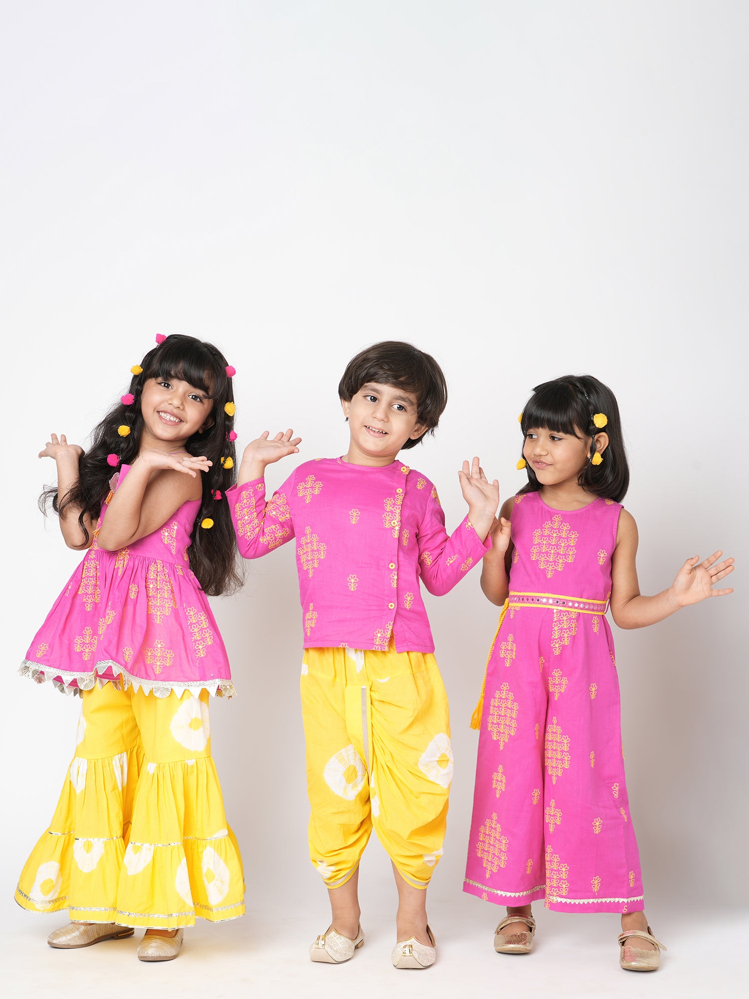 Lil Drama Girls Embroidered Sleeveless Top With Tiered Sharara Pants Set, Pink And Yellow
