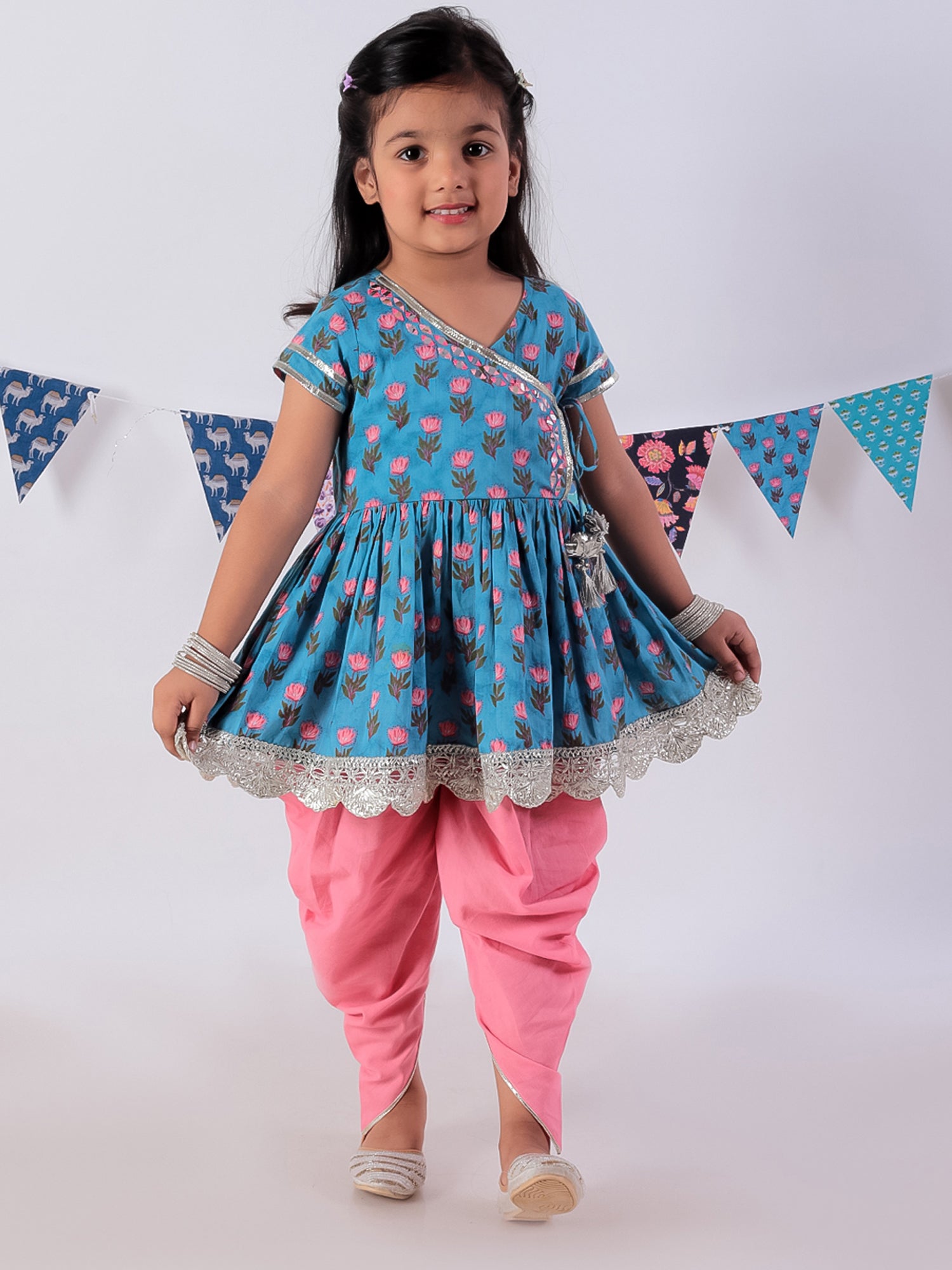 Lil Drama Girls Floral Print Peplum Top With Dhoti Pants Set, Blue And Pink