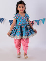 Lil Drama Girls Floral Print Peplum Top With Dhoti Pants Set, Blue And Pink