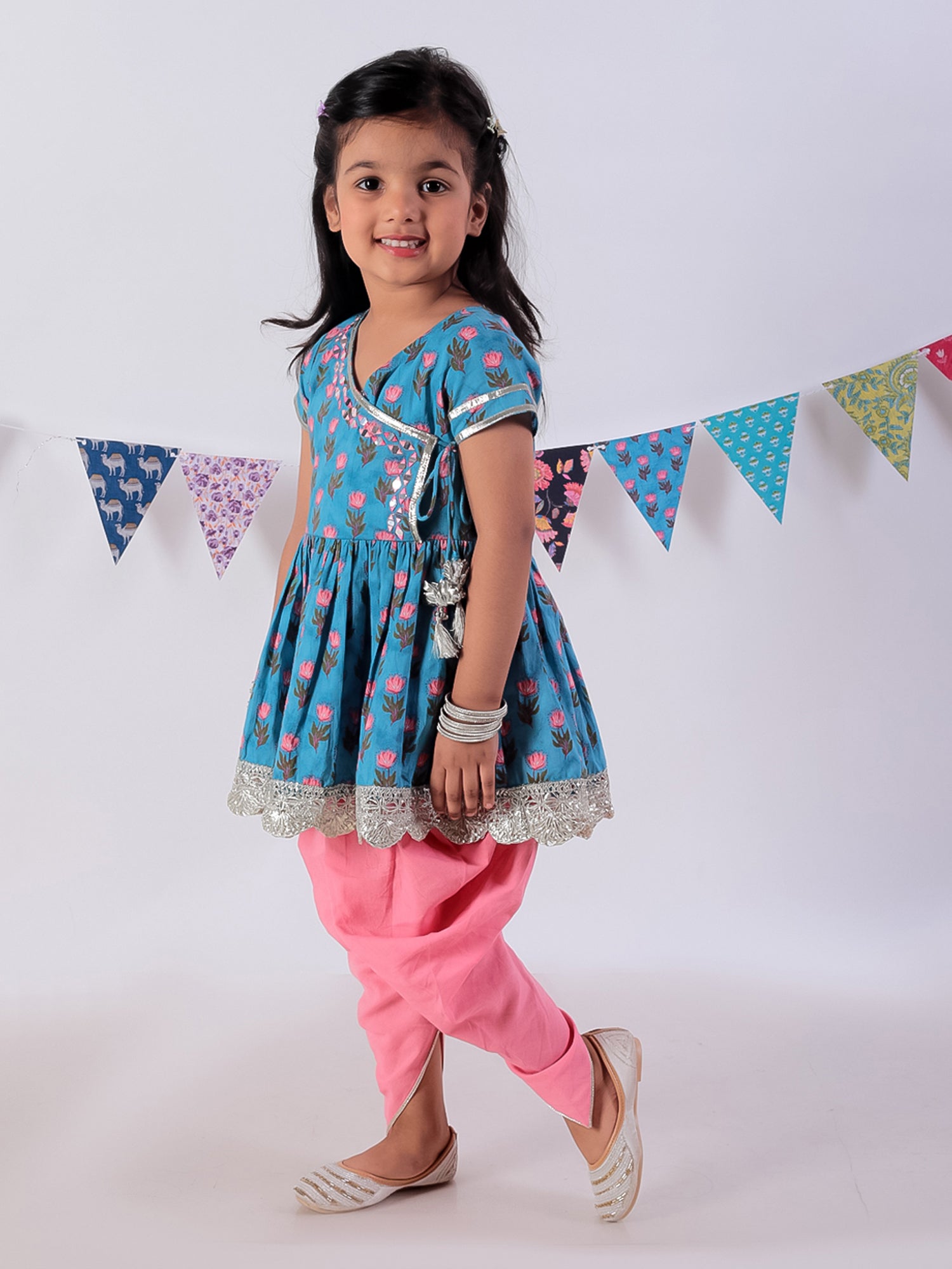 Lil Drama Girls Floral Print Peplum Top With Dhoti Pants Set, Blue And Pink