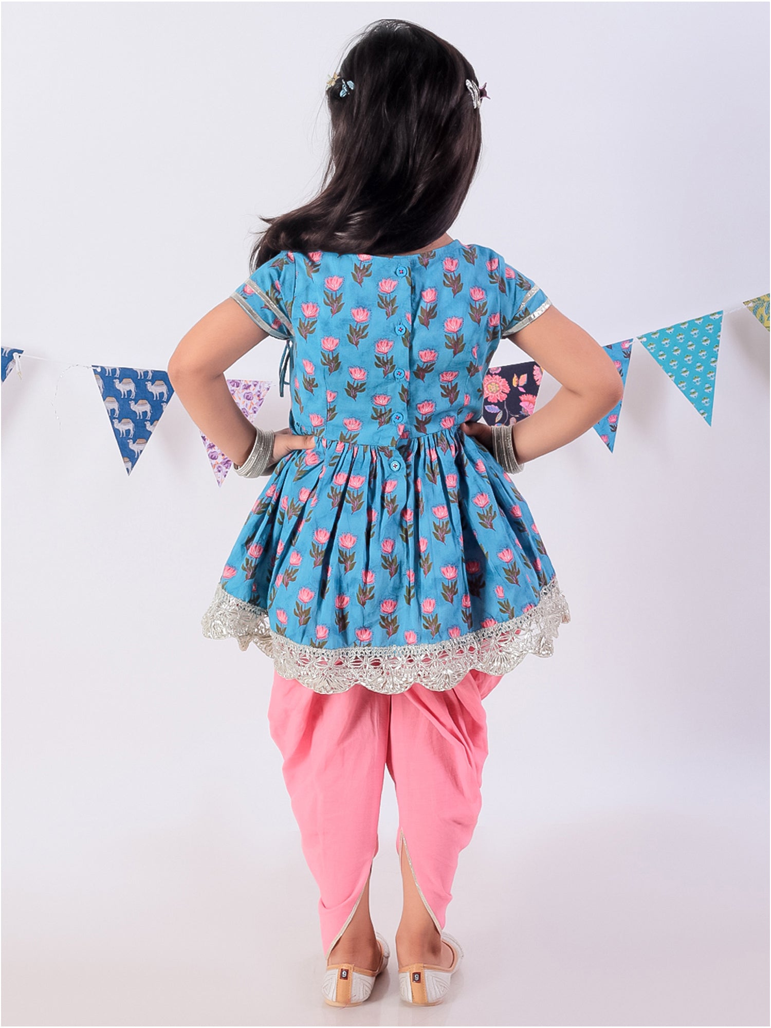 Lil Drama Girls Floral Print Peplum Top With Dhoti Pants Set, Blue And Pink