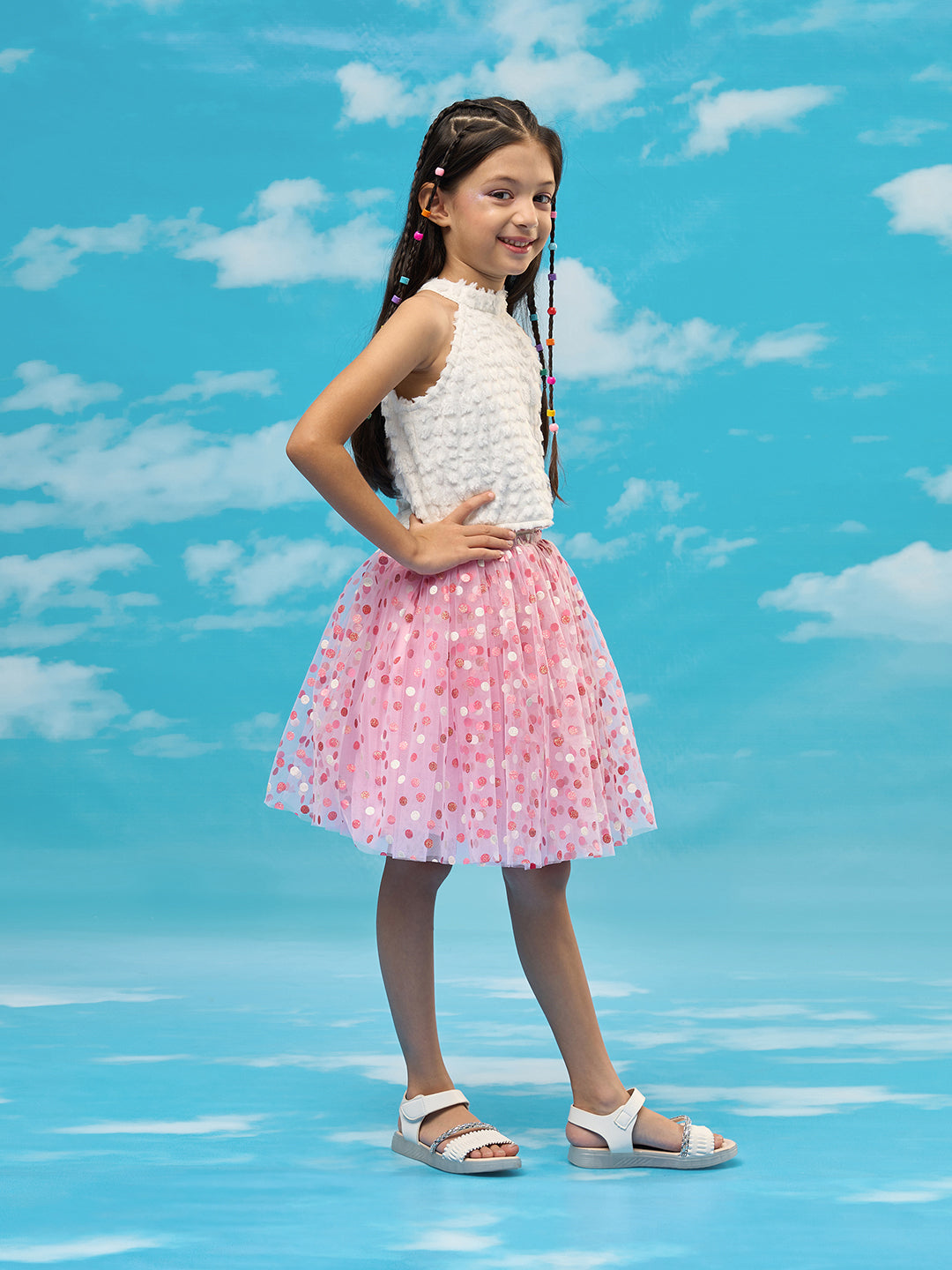 Lil Drama Girls Textured Sleeveless Top With Polka Dot Mesh Skirt Dress, White And Pink