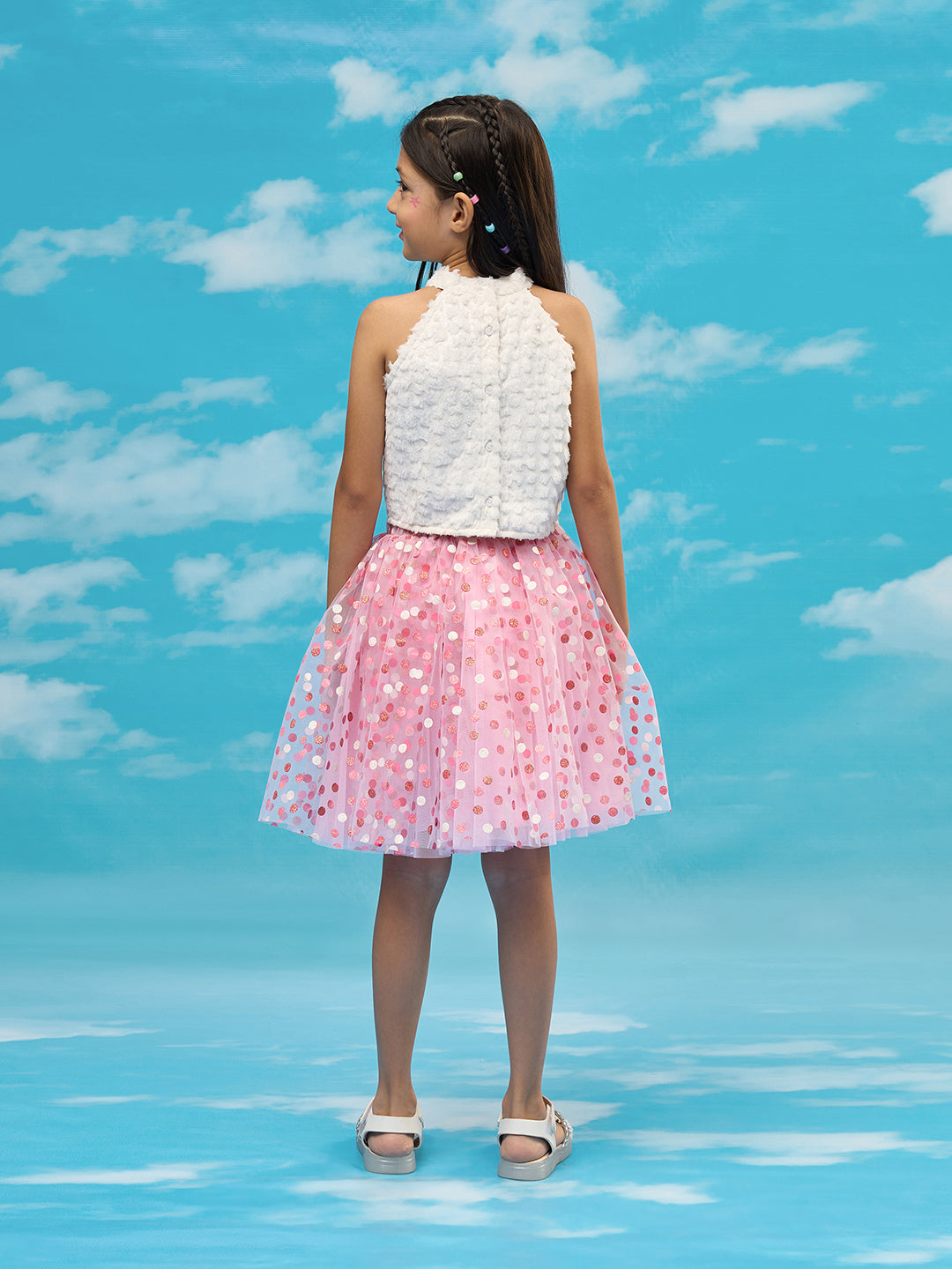 Lil Drama Girls Textured Sleeveless Top With Polka Dot Mesh Skirt Dress, White And Pink