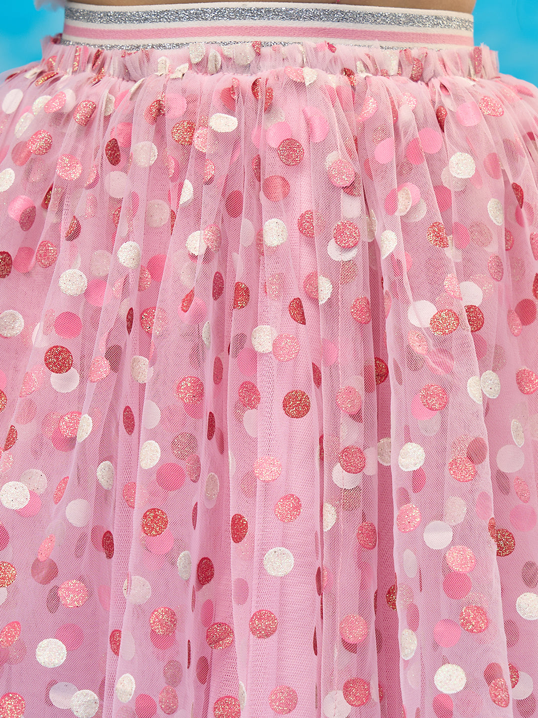 Lil Drama Girls Textured Sleeveless Top With Polka Dot Mesh Skirt Dress, White And Pink