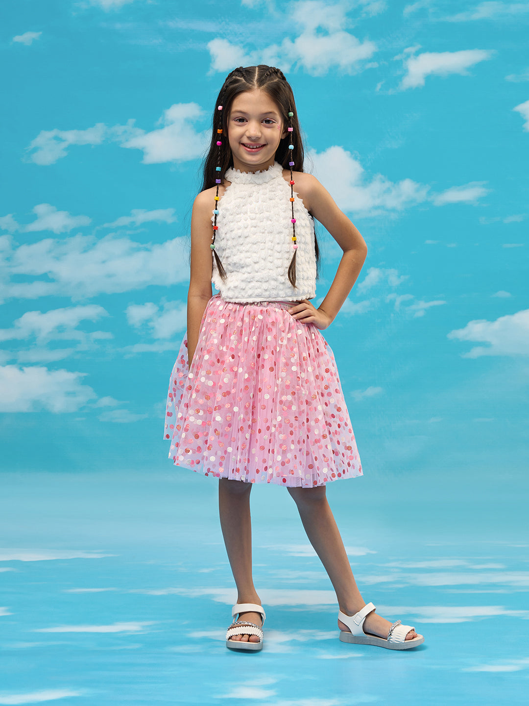 Lil Drama Girls Textured Sleeveless Top With Polka Dot Mesh Skirt Dress, White And Pink