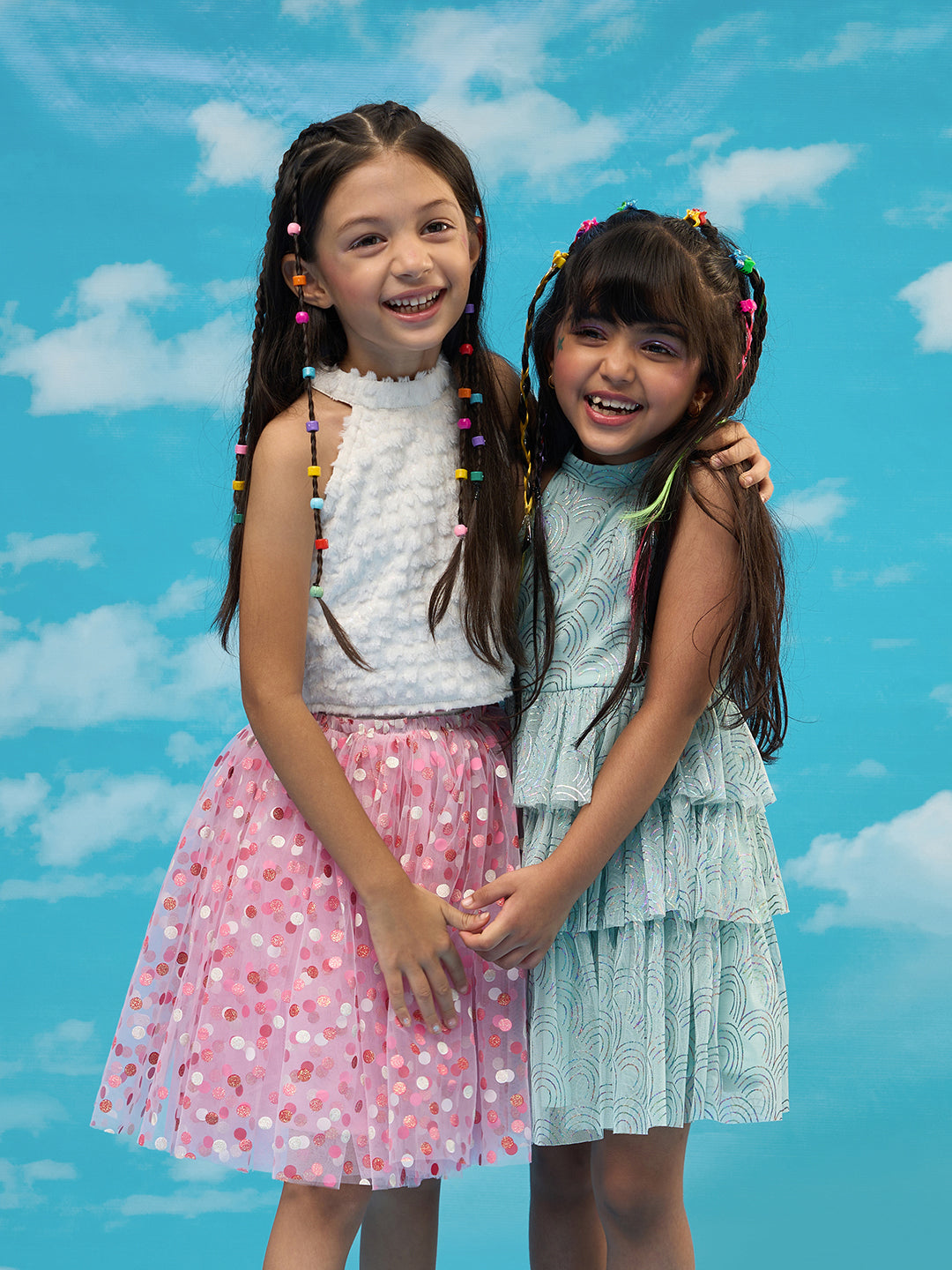 Lil Drama Girls Textured Sleeveless Top With Polka Dot Mesh Skirt Dress, White And Pink