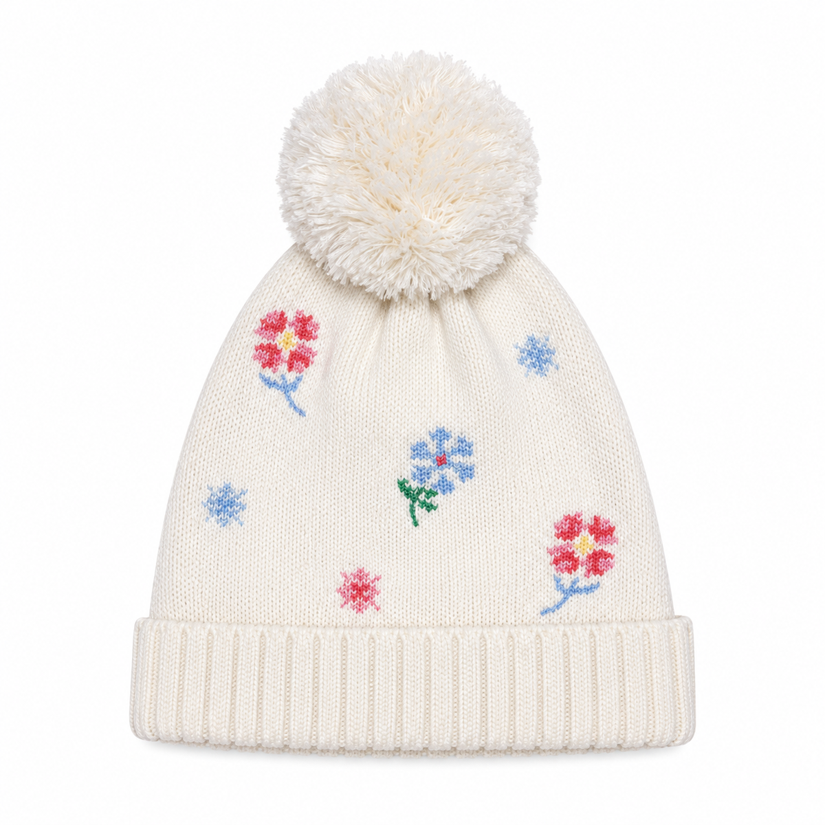 Baby Girls White Acrylic Floral Pom-Pom Beanie