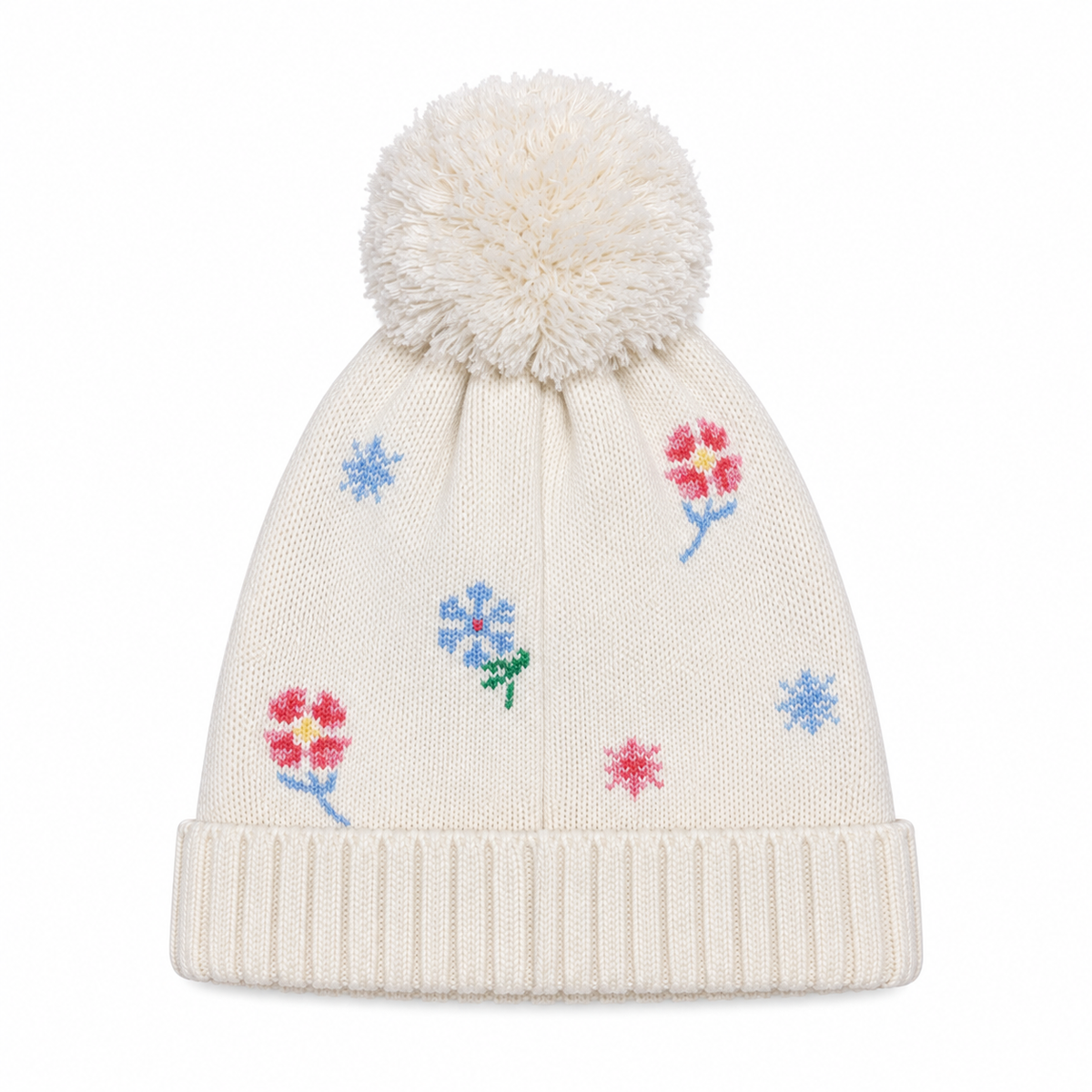 Baby Girls White Acrylic Floral Pom-Pom Beanie