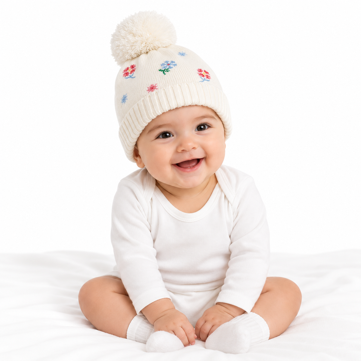 Baby Girls White Acrylic Floral Pom-Pom Beanie