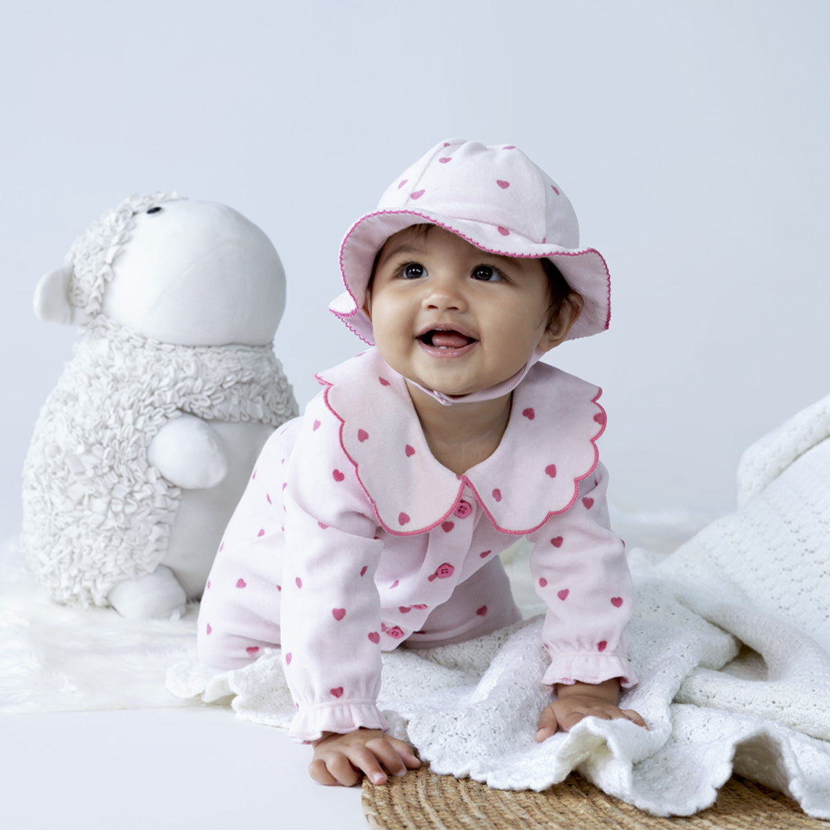 Baby Girls Pink Cotton Blend Heart Printed Romper With Cap Pack of 1 Regular Fit Casual Wear