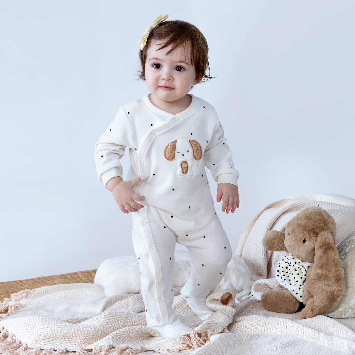Baby Boys Off White Cotton Applique Printed Sleepsuit Regular Fit Casual Baby Sleepsuit