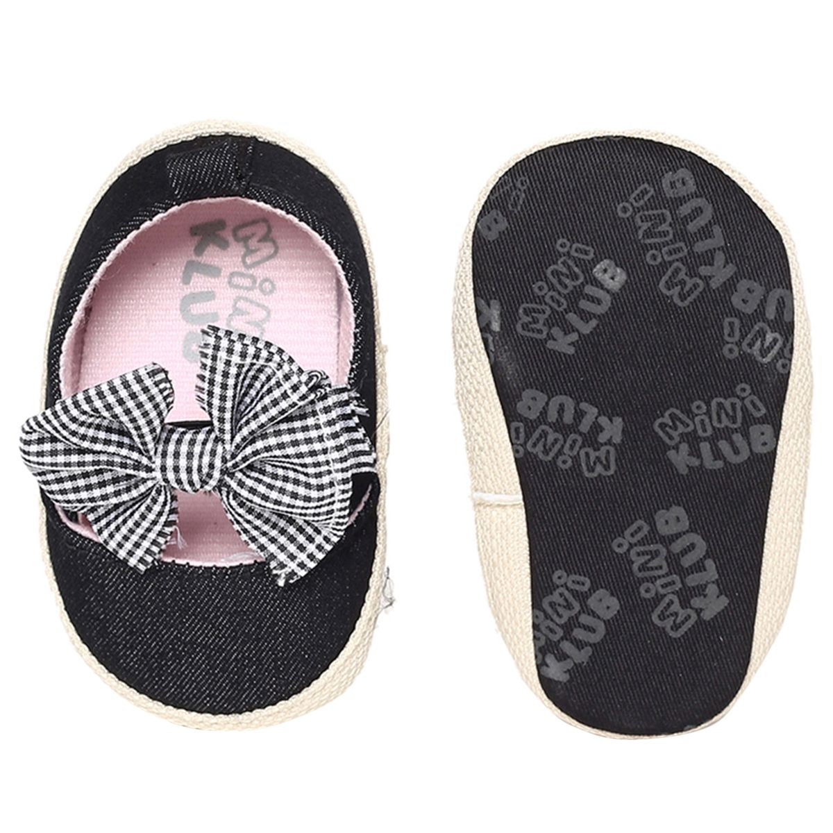 Baby Girls Black Textile Ballerina Booties Pack of 1 Pair Gingham Bow Soft Sole Footwear