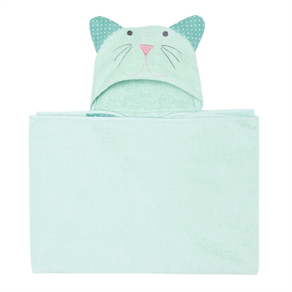 Baby Unisex Mint Green Cotton Cat Face Hooded Towel Pack of 1 Soft Absorbent Bath Essential