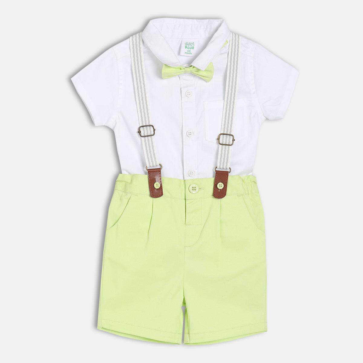 Baby Boys Solid Shirt And Shorts Set With Suspenders And Bow Tie , White And Light Green