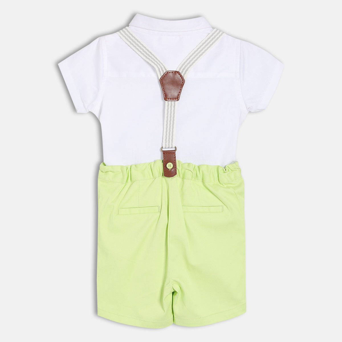 Baby Boys Solid Shirt And Shorts Set With Suspenders And Bow Tie , White And Light Green