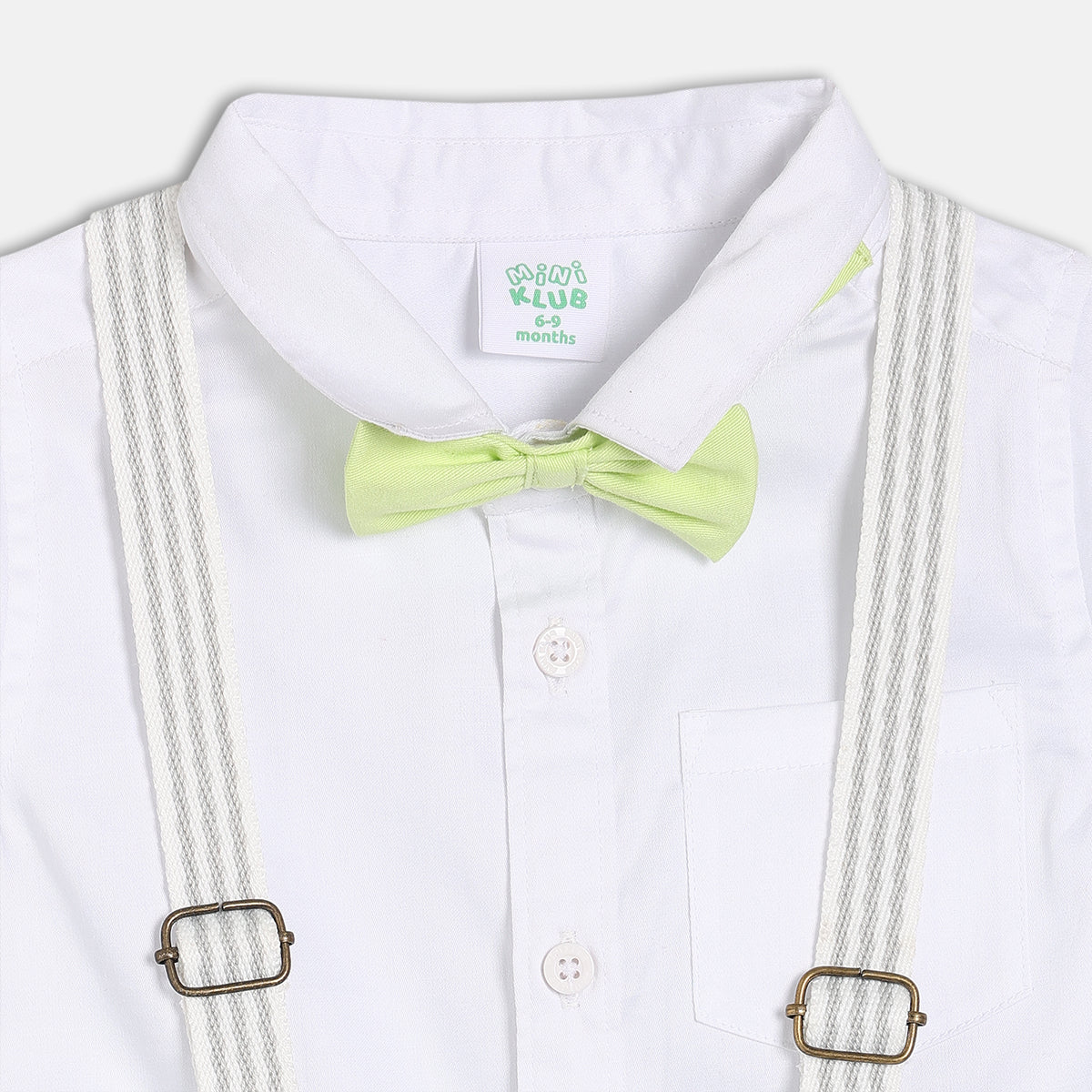 Baby Boys Solid Shirt And Shorts Set With Suspenders And Bow Tie , White And Light Green