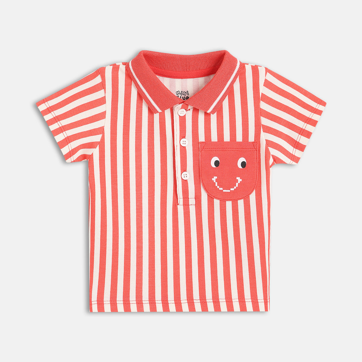 Boys Striped Polo T-Shirt With Smiley Face Patch, Red And White