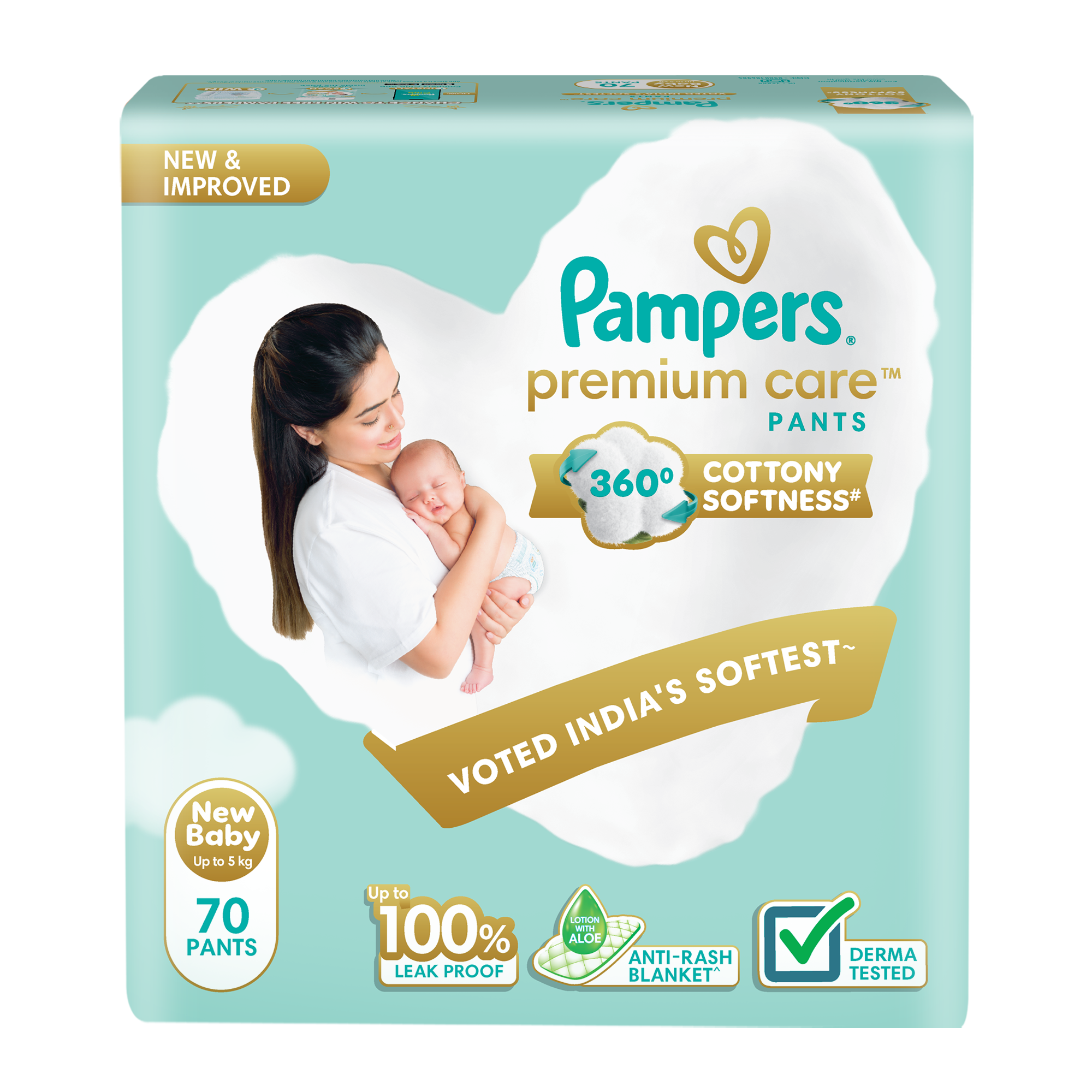 Pampers Premium Care Baby Diaper Pants with 360° Cottony Softness & Anti-Rash Blanket for New Born Babies - NB, 70 Count