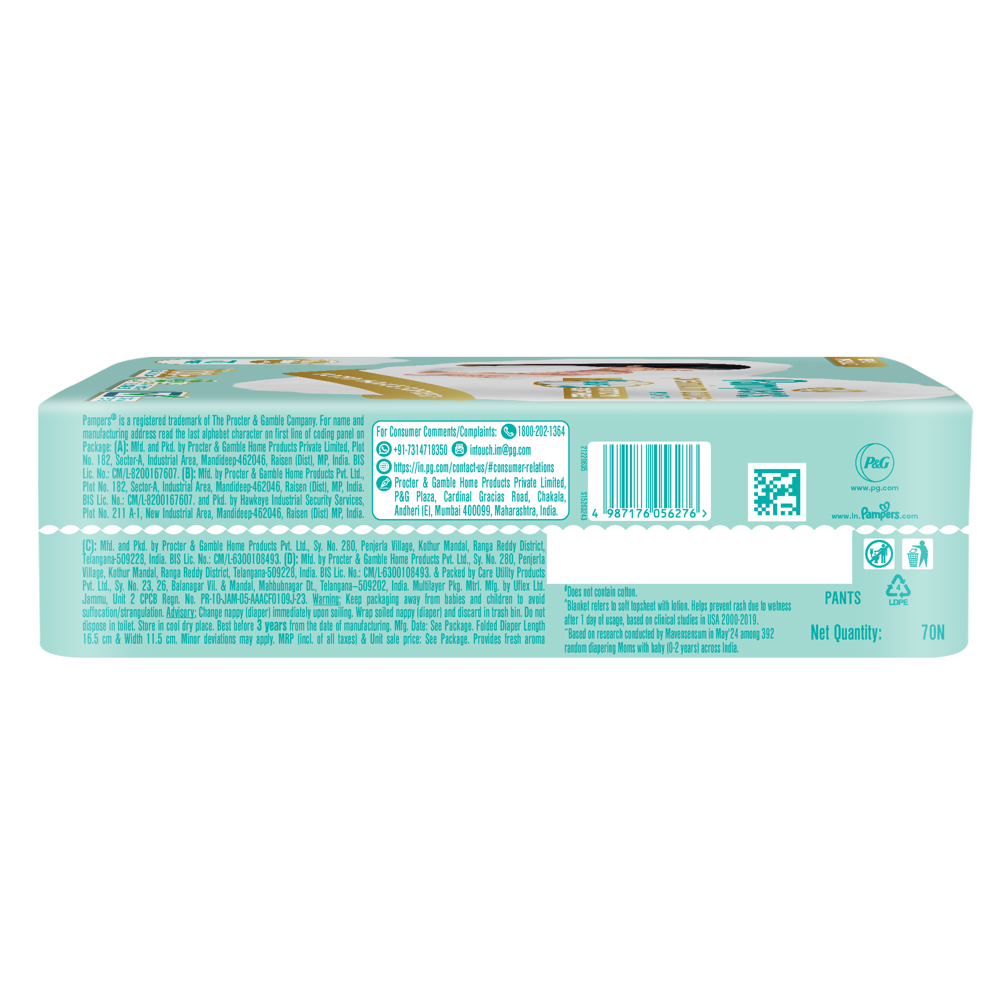 Pampers Premium Care Baby Diaper Pants with 360° Cottony Softness & Anti-Rash Blanket for New Born Babies - NB, 70 Count