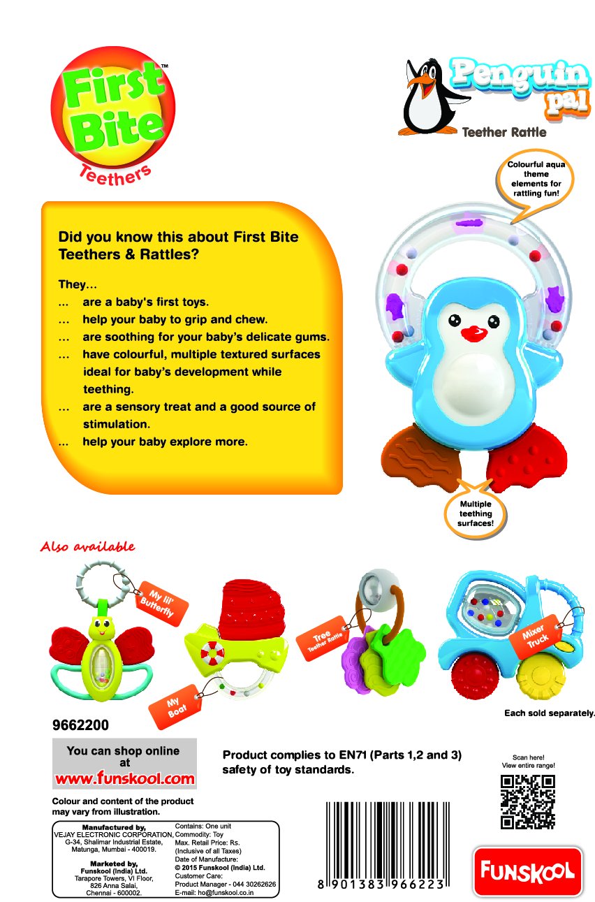 Giggles Penguin Pal Teether Rattle for Babies with Multi-Textured Teething Surfaces