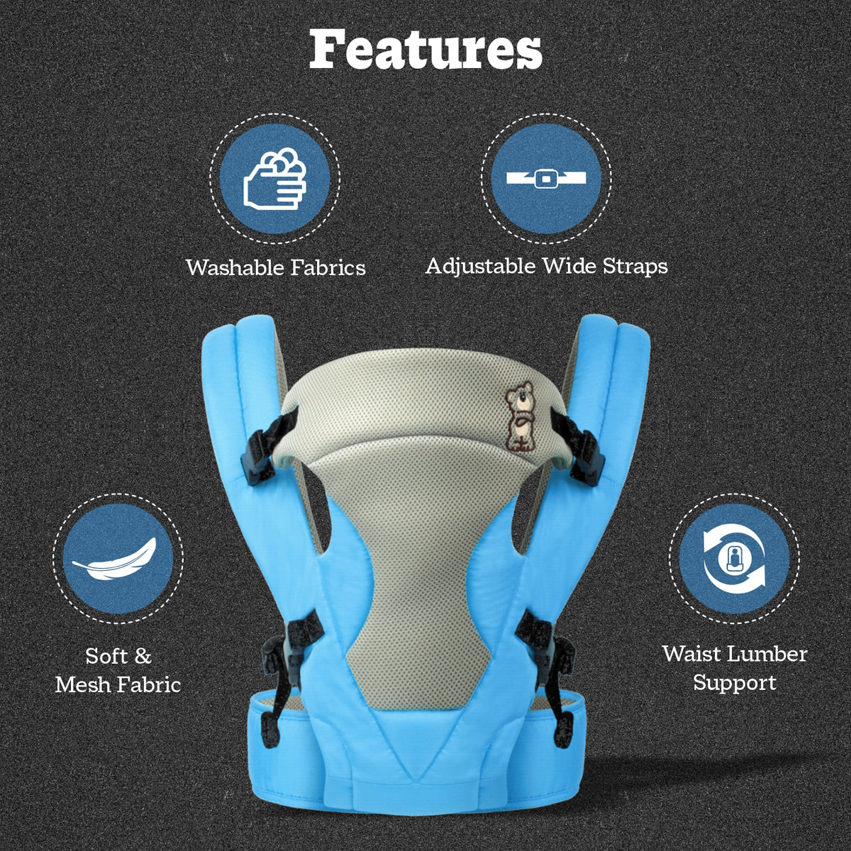Carrier with Adjustable Safety Harness and Padded Support - Blue