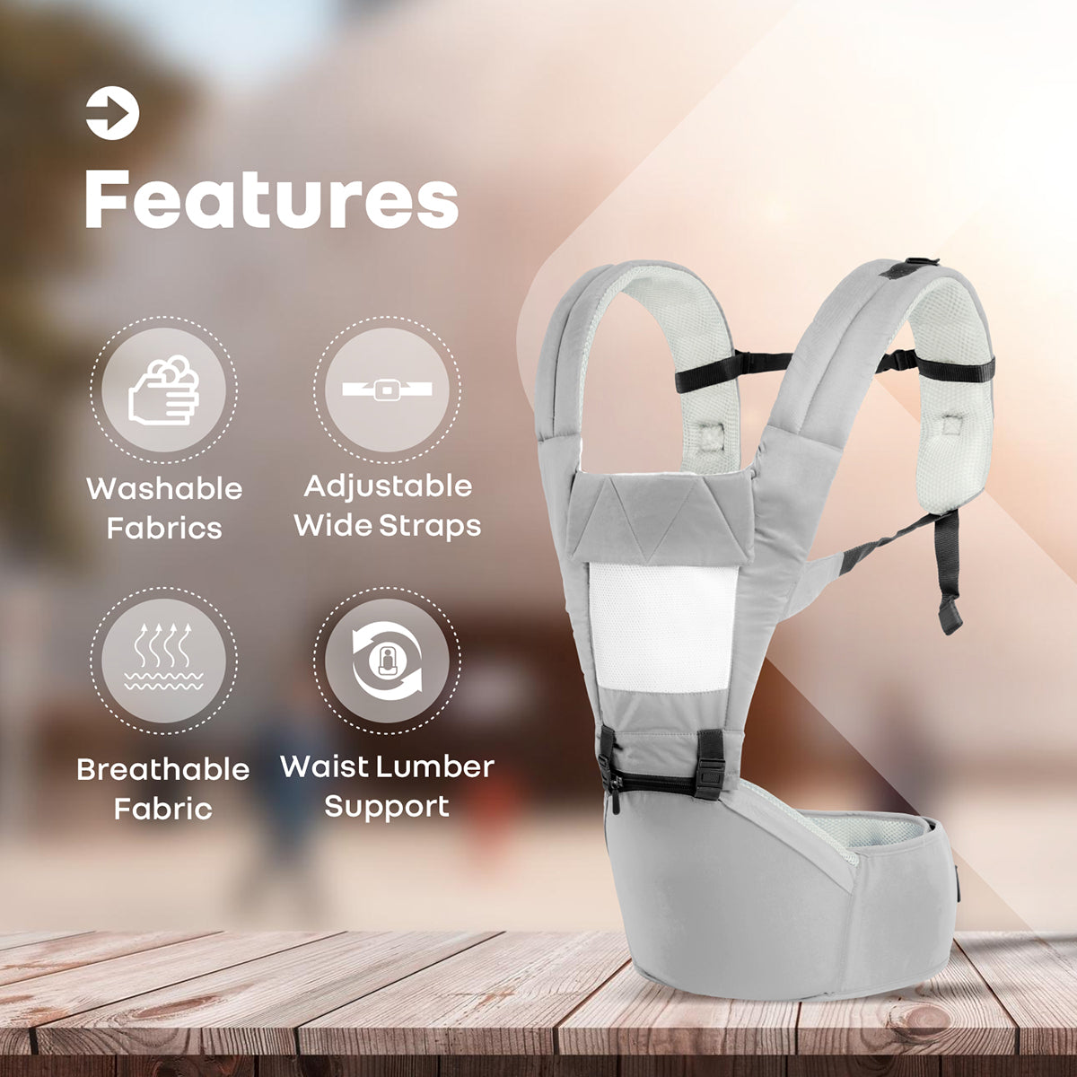Hip Seat Carrier with Adjustable Waist Belt and Breathable Mesh Support - Grey