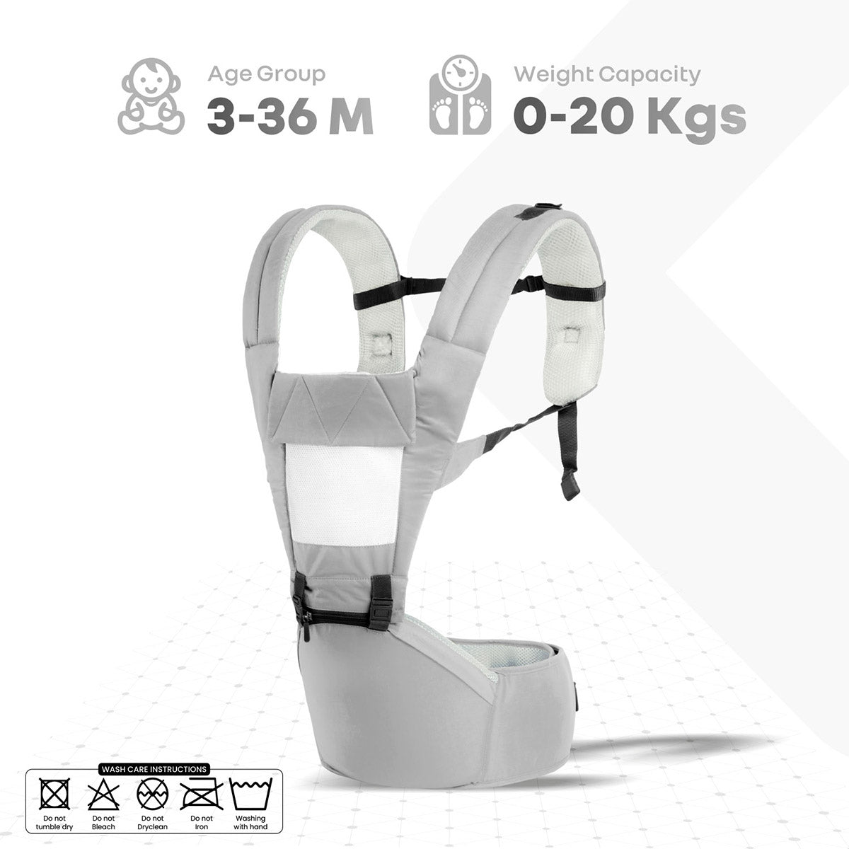 Hip Seat Carrier with Adjustable Waist Belt and Breathable Mesh Support - Grey