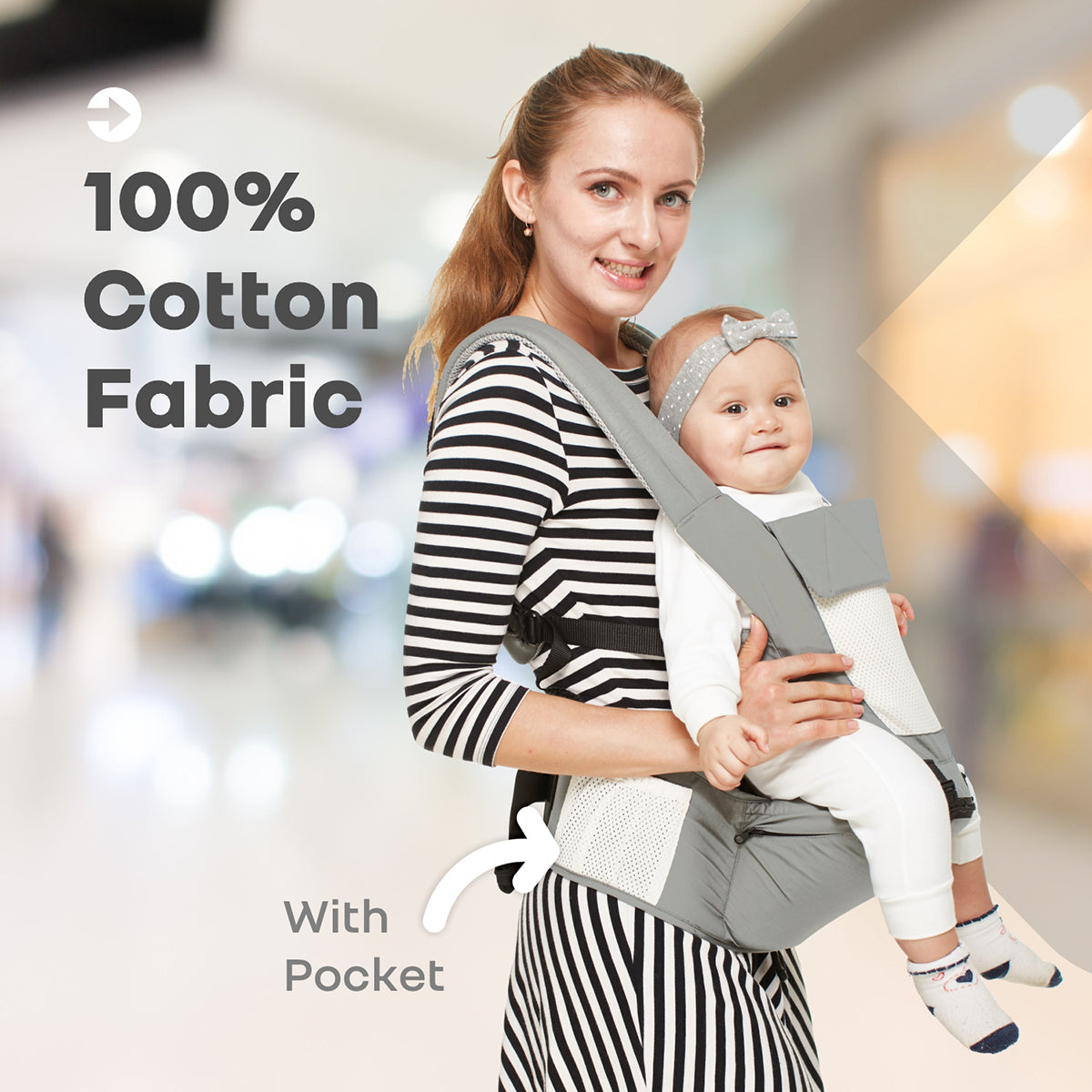 Hip Seat Carrier with Adjustable Waist Belt and Breathable Mesh Support - Grey