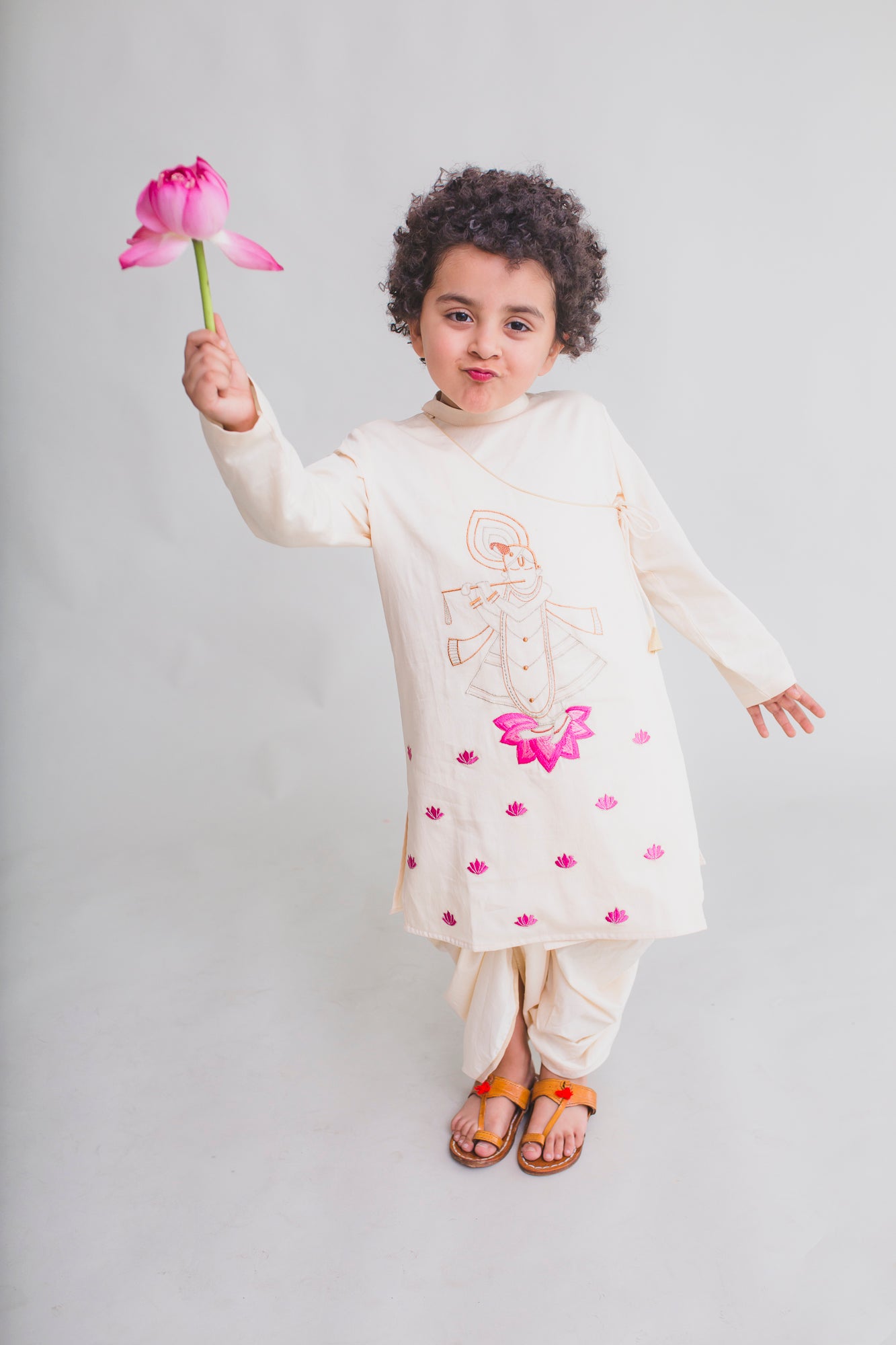 Tiber Taber Baby Boys Embroidered Krishna Motif Kurta and Dhoti Set, Cream