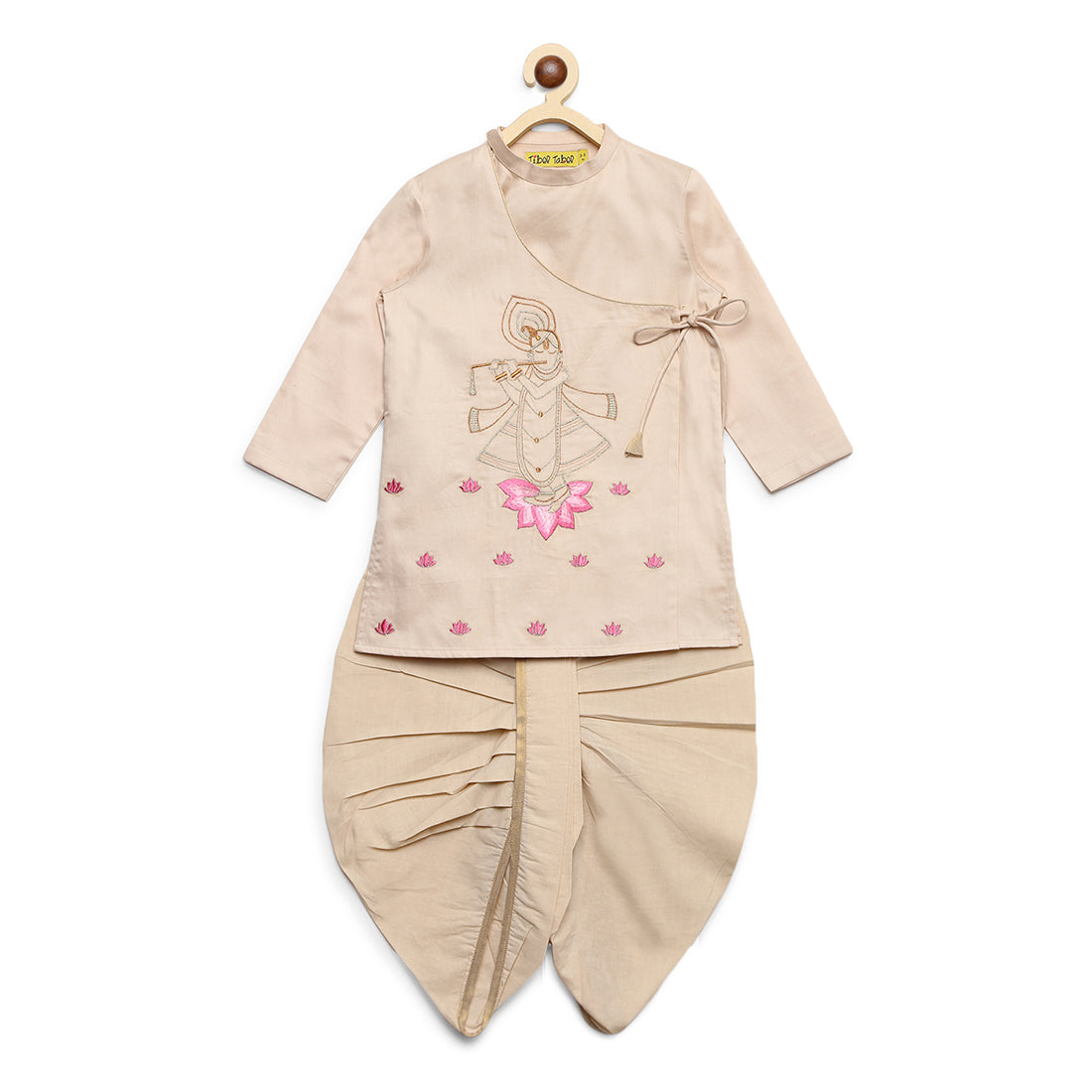 Tiber Taber Baby Boys Embroidered Krishna Motif Kurta and Dhoti Set, Cream