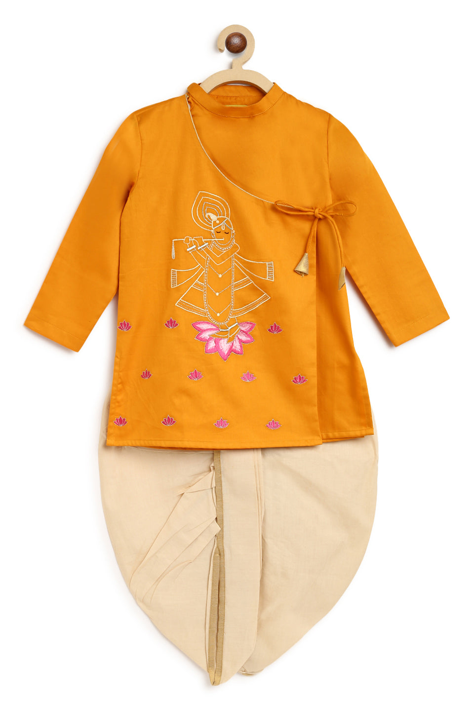 Tiber Taber Baby Boys Embroidered Krishna Motif Kurta and Dhoti Set, Mustard