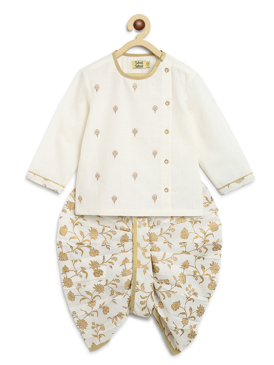 Tiber Taber Baby Boys Buta Print Kurta and Floral Print Dhoti Set, Cream and Gold