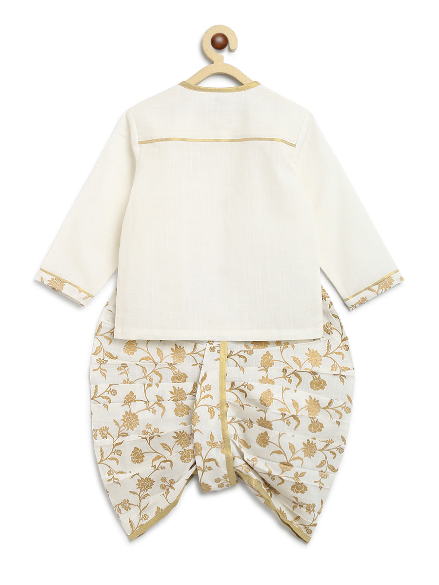 Tiber Taber Baby Boys Buta Print Kurta and Floral Print Dhoti Set, Cream and Gold