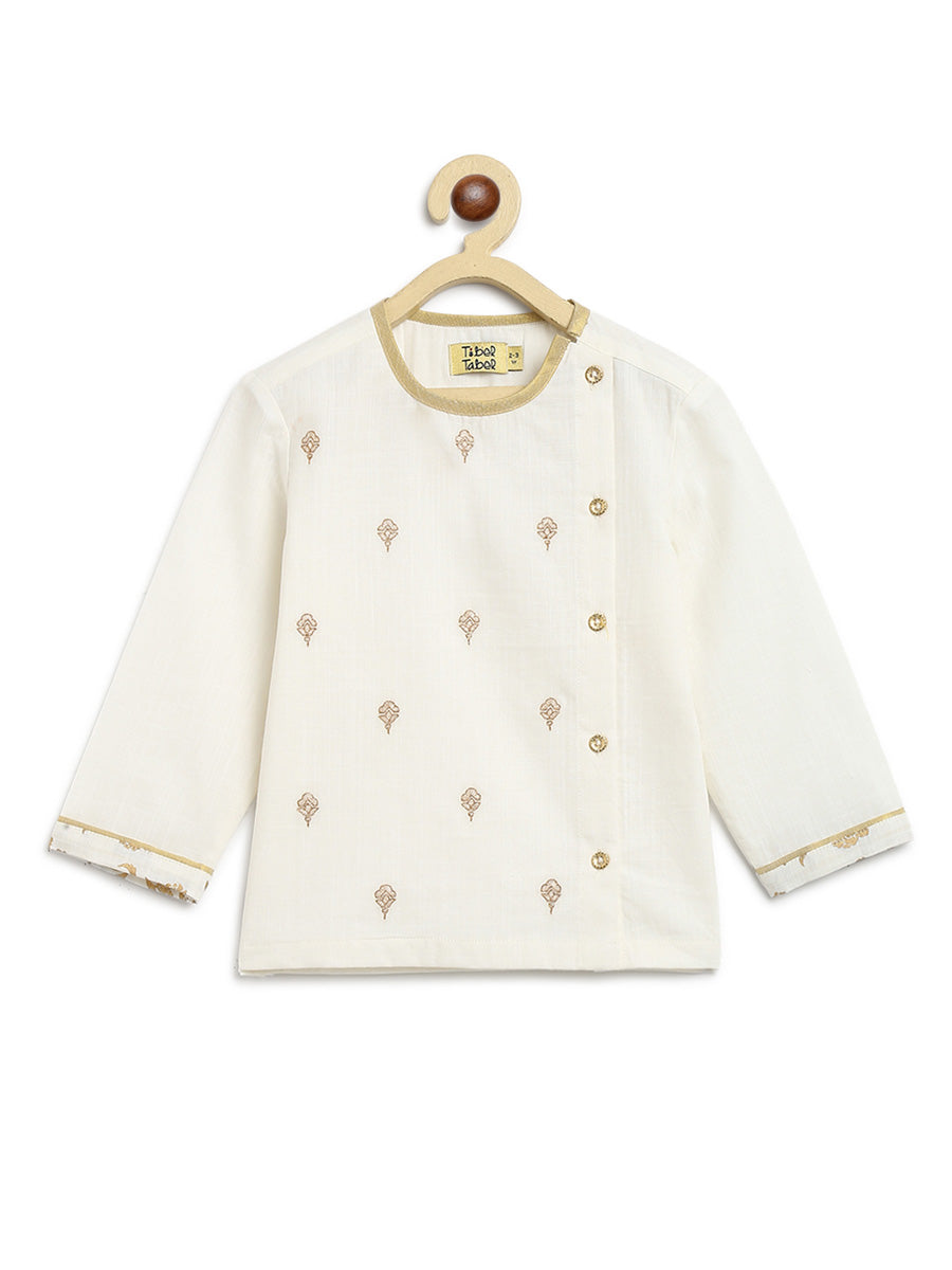 Tiber Taber Baby Boys Buta Print Kurta and Floral Print Dhoti Set, Cream and Gold