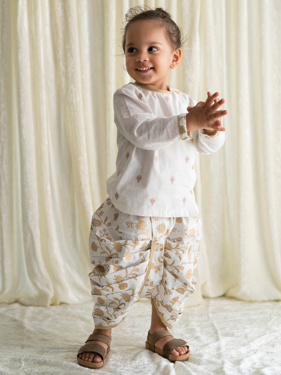 Tiber Taber Baby Boys Buta Print Kurta and Floral Print Dhoti Set, Cream and Gold