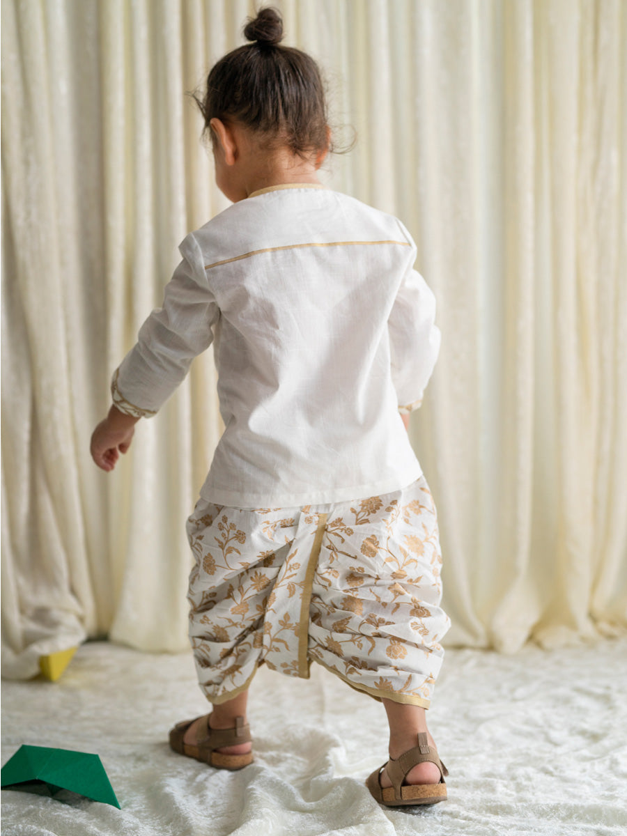 Tiber Taber Baby Boys Buta Print Kurta and Floral Print Dhoti Set, Cream and Gold