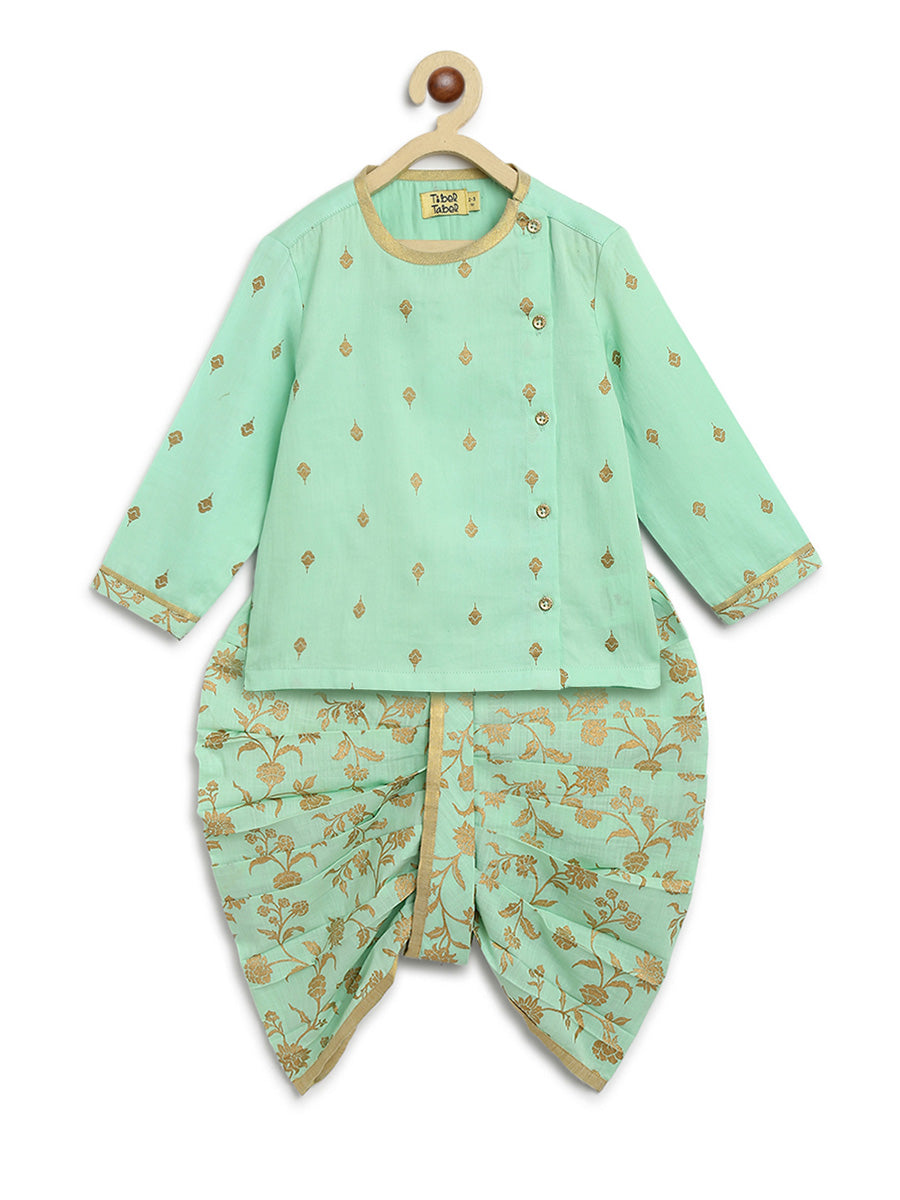 Tiber Taber Baby Boys Buta Print Kurta and Floral Print Dhoti Set, Mint Green and Gold