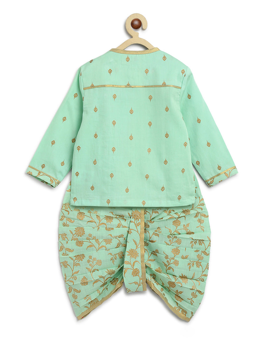 Tiber Taber Baby Boys Buta Print Kurta and Floral Print Dhoti Set, Mint Green and Gold