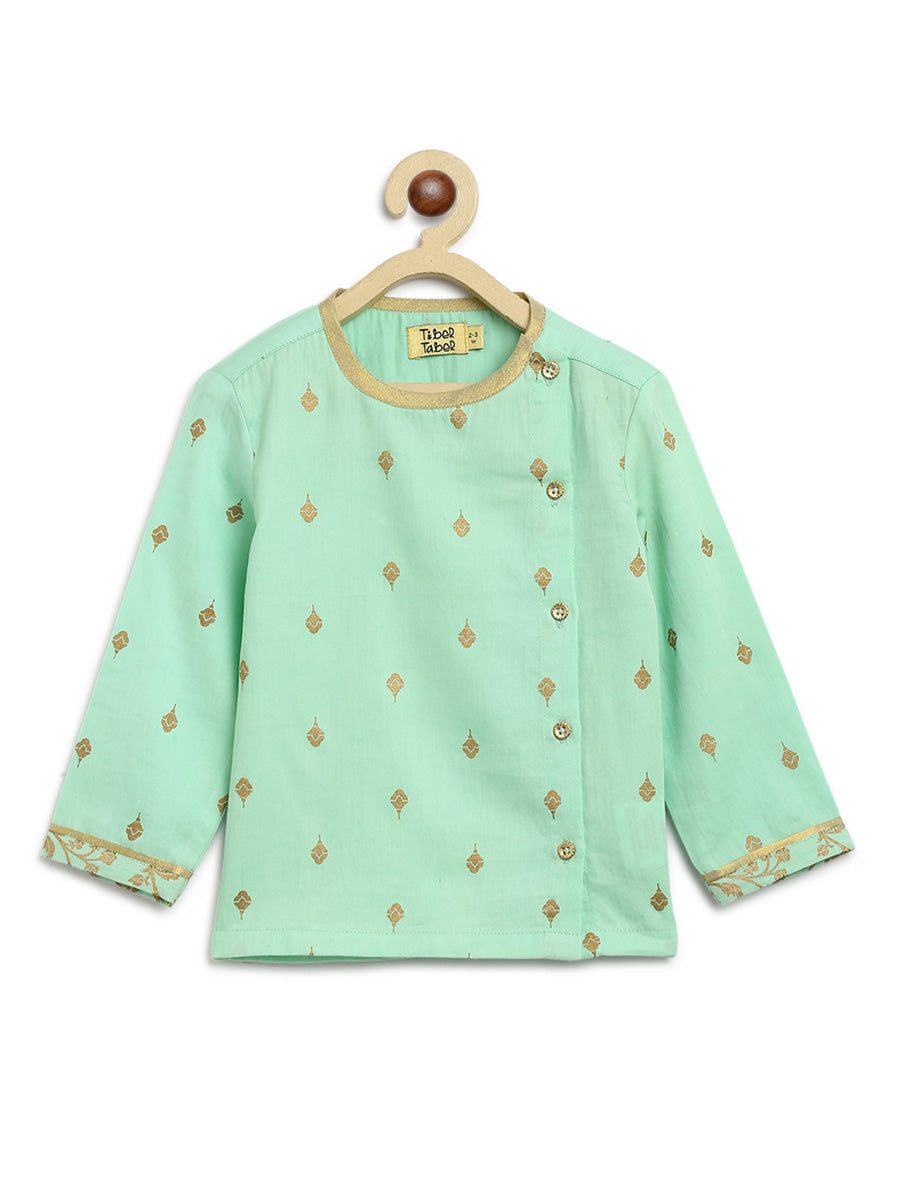Tiber Taber Baby Boys Buta Print Kurta and Floral Print Dhoti Set, Mint Green and Gold