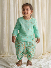 Tiber Taber Baby Boys Buta Print Kurta and Floral Print Dhoti Set, Mint Green and Gold