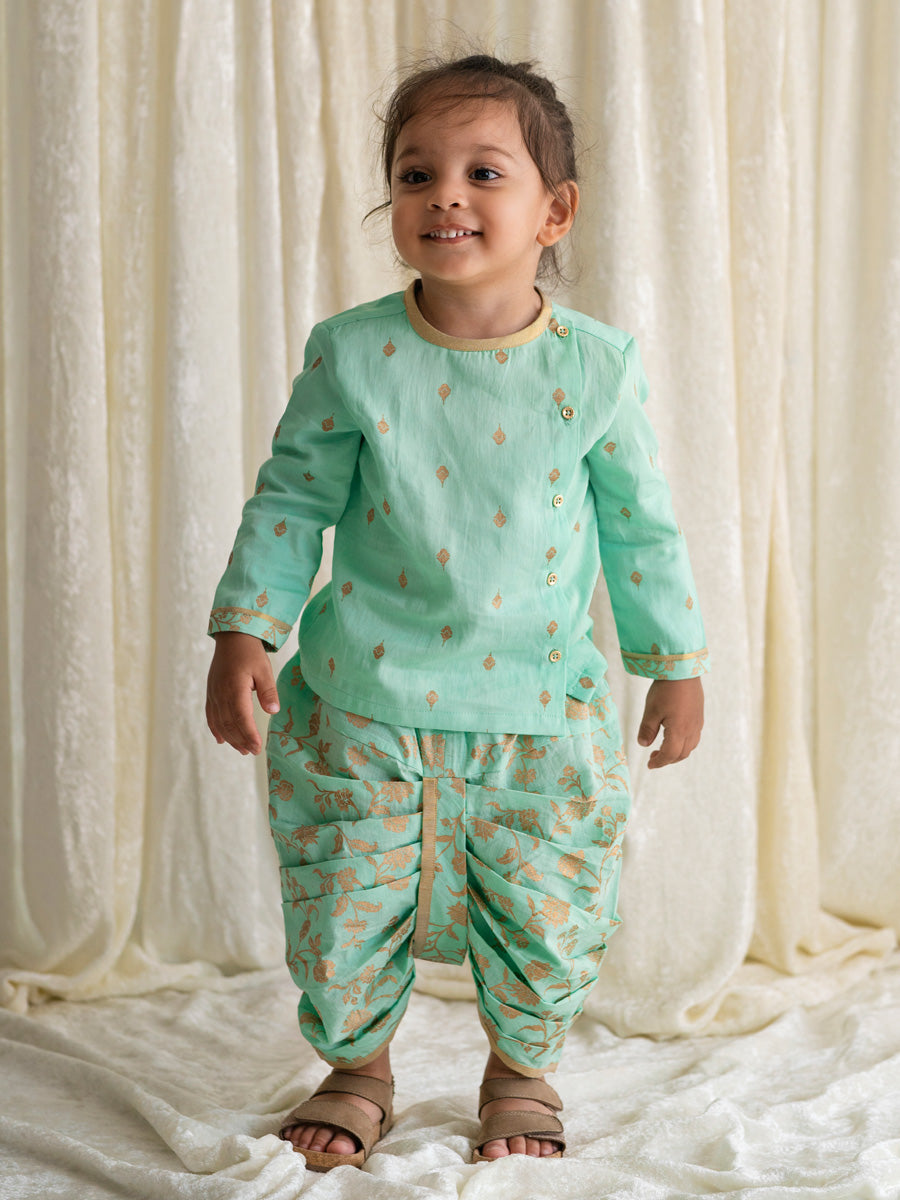 Tiber Taber Baby Boys Buta Print Kurta and Floral Print Dhoti Set, Mint Green and Gold