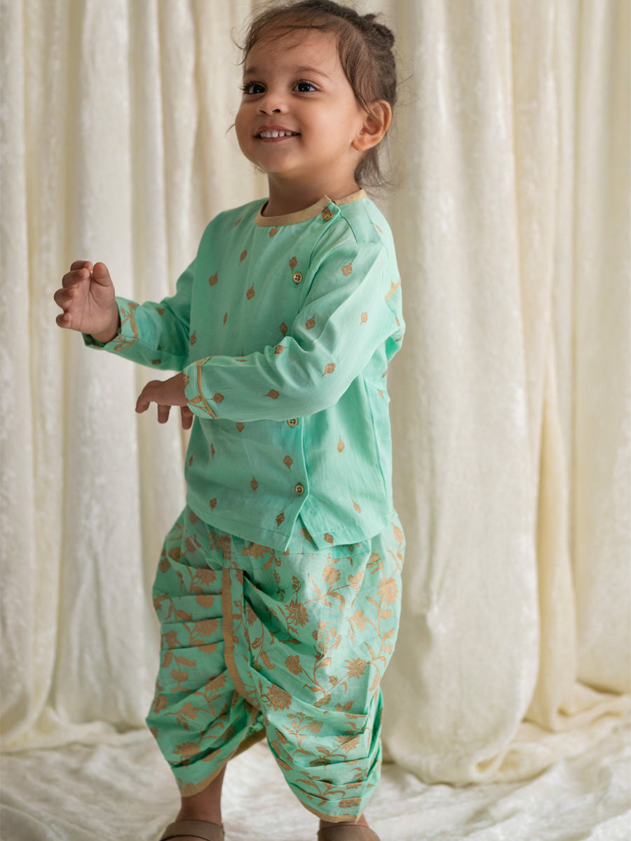 Tiber Taber Baby Boys Buta Print Kurta and Floral Print Dhoti Set, Mint Green and Gold