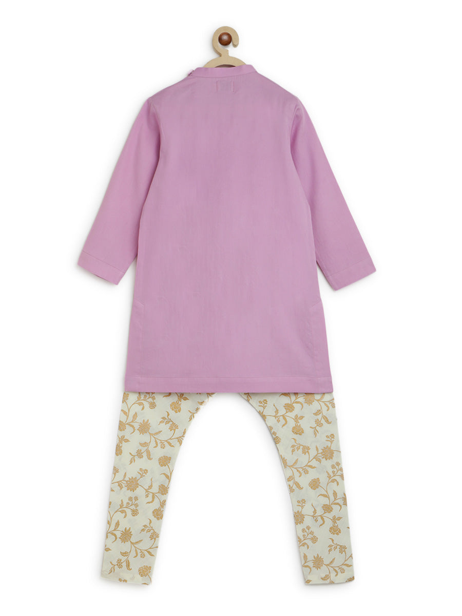 Tiber Taber Boys Buta Embellished Kurta and Floral Print Salwar Set, Purple and Cream