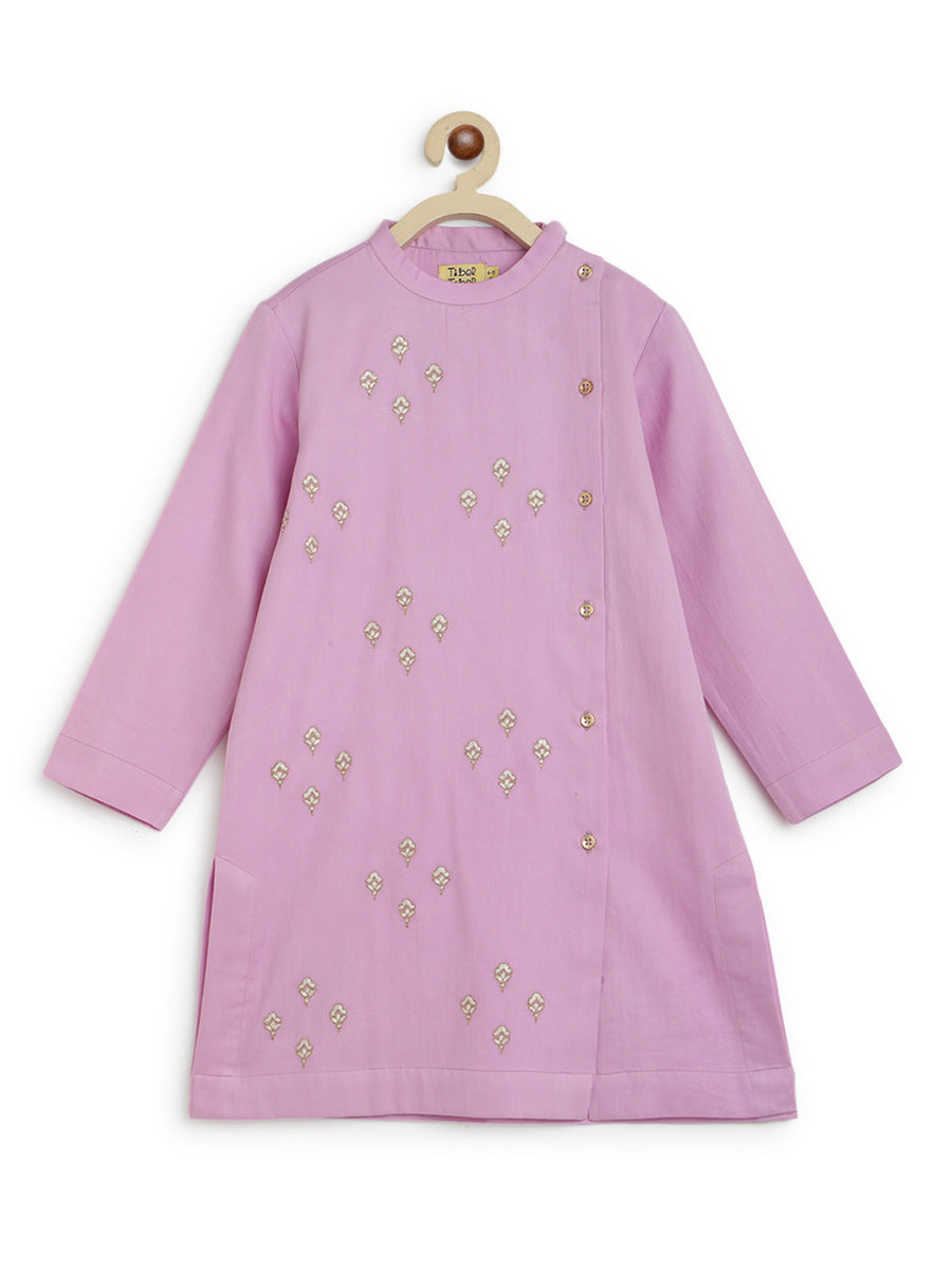 Tiber Taber Boys Buta Embellished Kurta and Floral Print Salwar Set, Purple and Cream