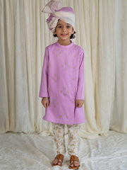 Tiber Taber Boys Buta Embellished Kurta and Floral Print Salwar Set, Purple and Cream